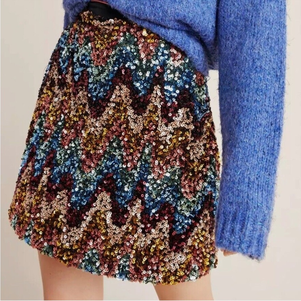 Anthropologie Maeve Blue Zig Zag Sequined Mini Skirt